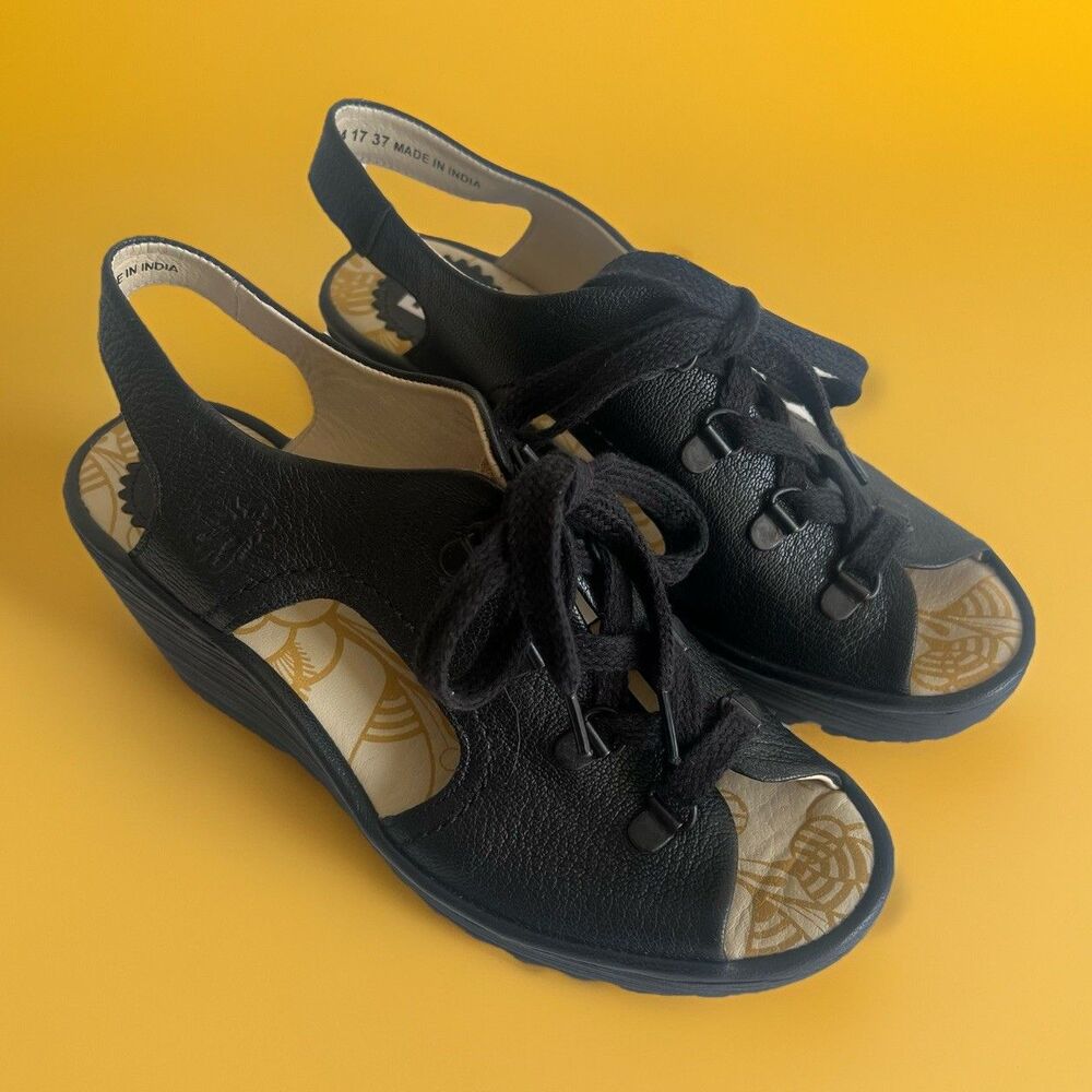 Fly London Women’s Ylva Slingback Lace Up Wedge  Sandals Black Leather Size 37